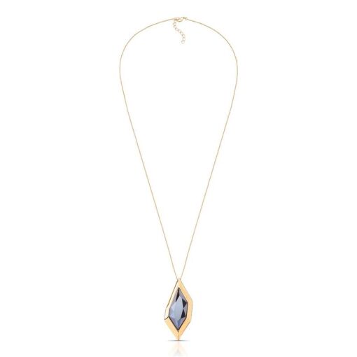 COLAR BANHADO OURO 18K - PEDRA QUARTZO OBSIDIANA FUMÊ PEROLIZADA