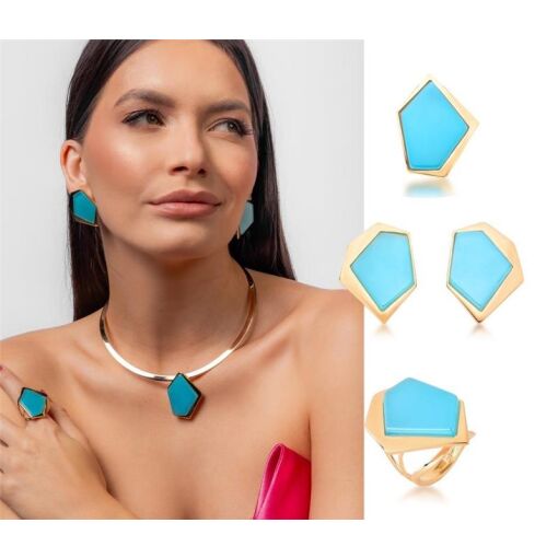 PINGENTE BANHADO OURO 18K- PEDRA ÁGATA AZUL CÉU PEROLIZADA