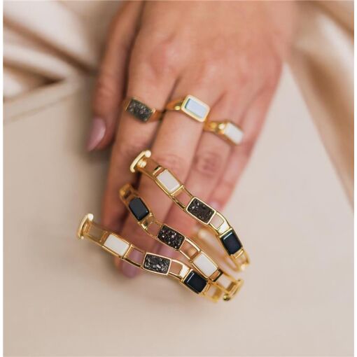 PULSEIRA / BRACELETE BANHADO OURO 18K -  OBSIDIANA NEGRA / DRUSA