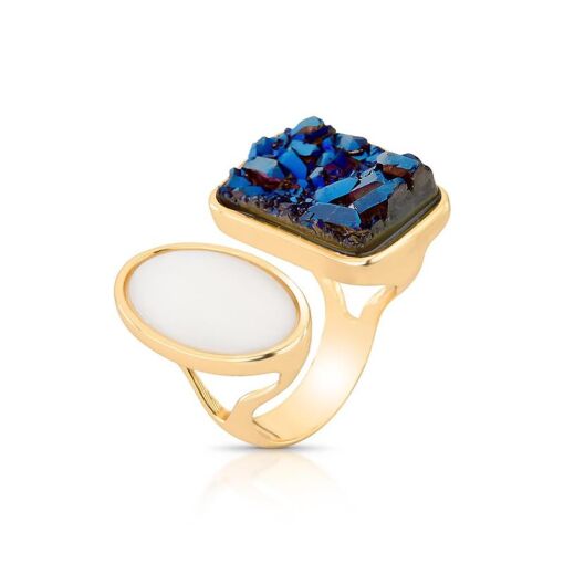 ANEL BANHADO OURO 18K -  MADRE PÉROLA / DRUSA AZUL