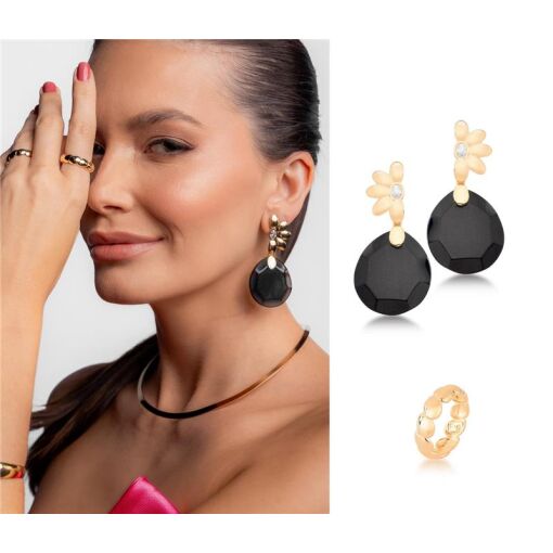 BRINCO BANHADO OURO 18K - PEDRA OBSIDIANA NEGRA