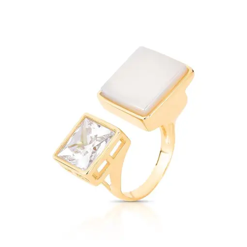 ANEL BANHADO OURO 18K  - ZIRCÔNIA E ÁGATA BRANCA PEROLIZADA