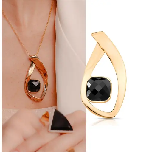 PINGENTE BANHADO OURO 18K - QUARTZO OBSIDIANA NEGRA