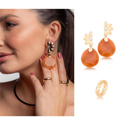 BRINCO- BANHADO OURO- 18K PEDRA QUARTZO LARANJA