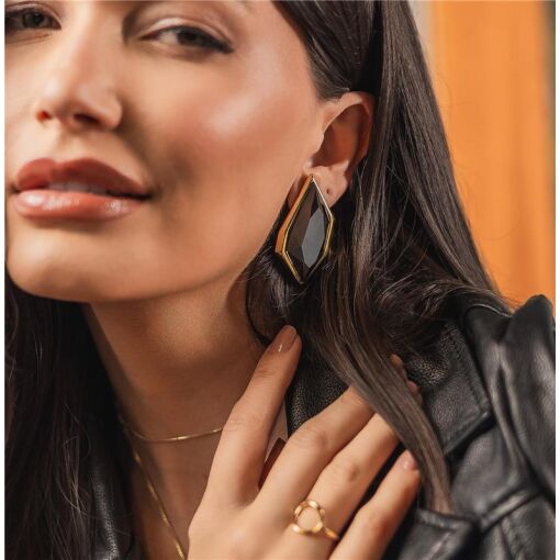 BRINCO BANHADO OURO 18K - PEDRA QUARTZO OBSIDIANA FUMÊ PEROLIZAD