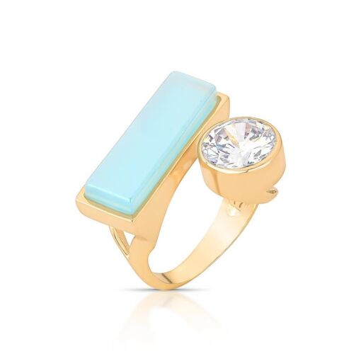 ANEL BANHADO OURO 18K - PEDRA ÁGATA AZUL CÉU PEROLIZADA / ZIRCÔN