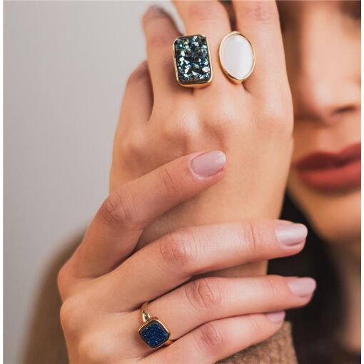ANEL BANHADO OURO 18K -  MADRE PÉROLA / DRUSA AZUL