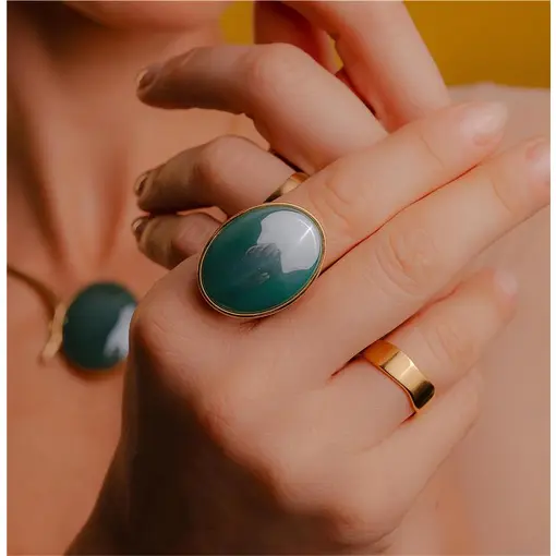 ANEL BANHADO OURO 18K -  ÁGATA VERDE PEROLIZADA