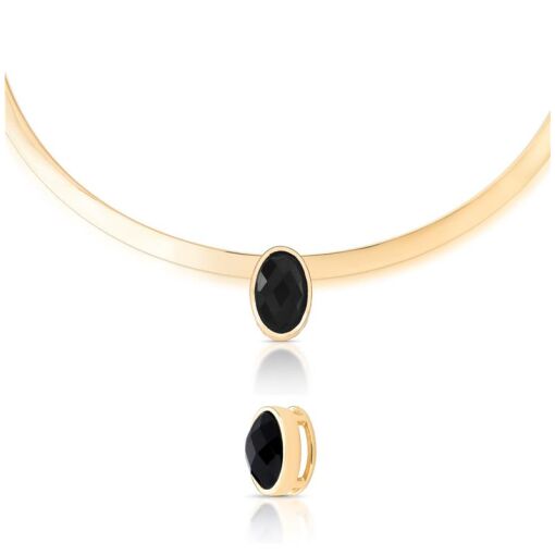 PINGENTE MINIMALISTA BANHADO OURO 18K - OVAL OBSIDIANA NEGR
