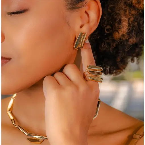 ANEL BANANHADO OURO 18K - QUARTZO OBSIDIANA FUMÊ PEROLIZADA