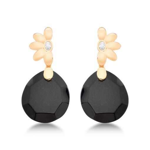 BRINCO BANHADO OURO 18K - PEDRA OBSIDIANA NEGRA