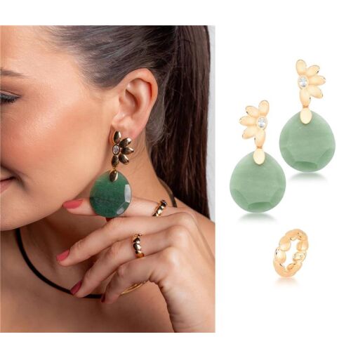 BRINCO- BANHADO OURO- 18K PEDRA QUARTZO VERDE