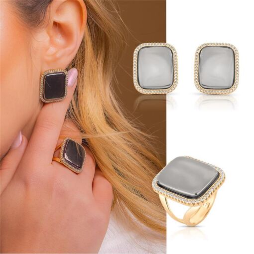 ANEL BANHADO OURO 18K - PEDRA ÁGATA LISTRADA METALIZADA