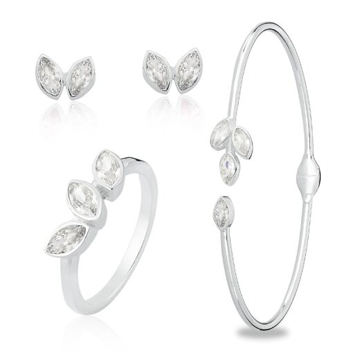 CONJUNTO BRACELETE/ANEL/BRINCO EM FORMATO DE FOLHA