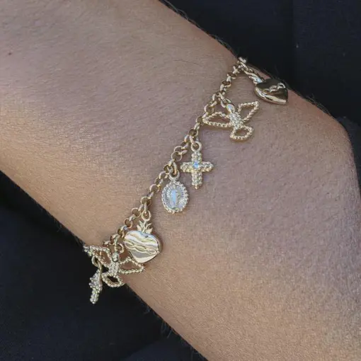 PULSEIRA FORTALEZA COM 7 PINGENTES (2 CRUZ, 2 DIVINO ESPÍRITO SA
