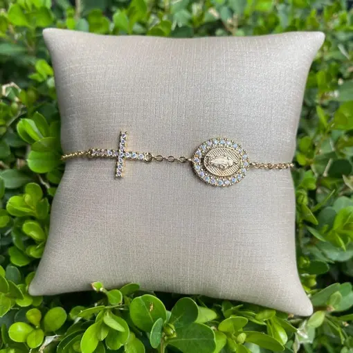 PULSEIRA NOSSA SENHORA DAS GRAÇAS COM CRUZ CRAVEJADA EM CORRENTE