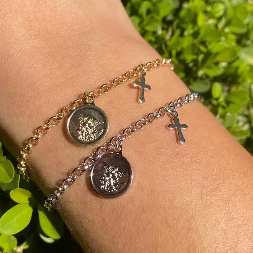 PULSEIRA SÃO MIGUEL ARCANJO COM CRUZ LISA  E CORRENTE DE ELO POR