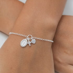 Pulseira prata fio com Nossa Senhora das Graças, cruz e coração