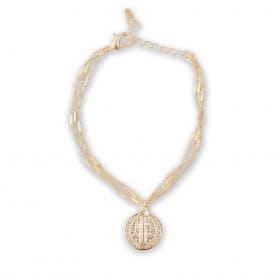 Pulseira folheada 03 fios com medalha de São Bento e 01 zircônia