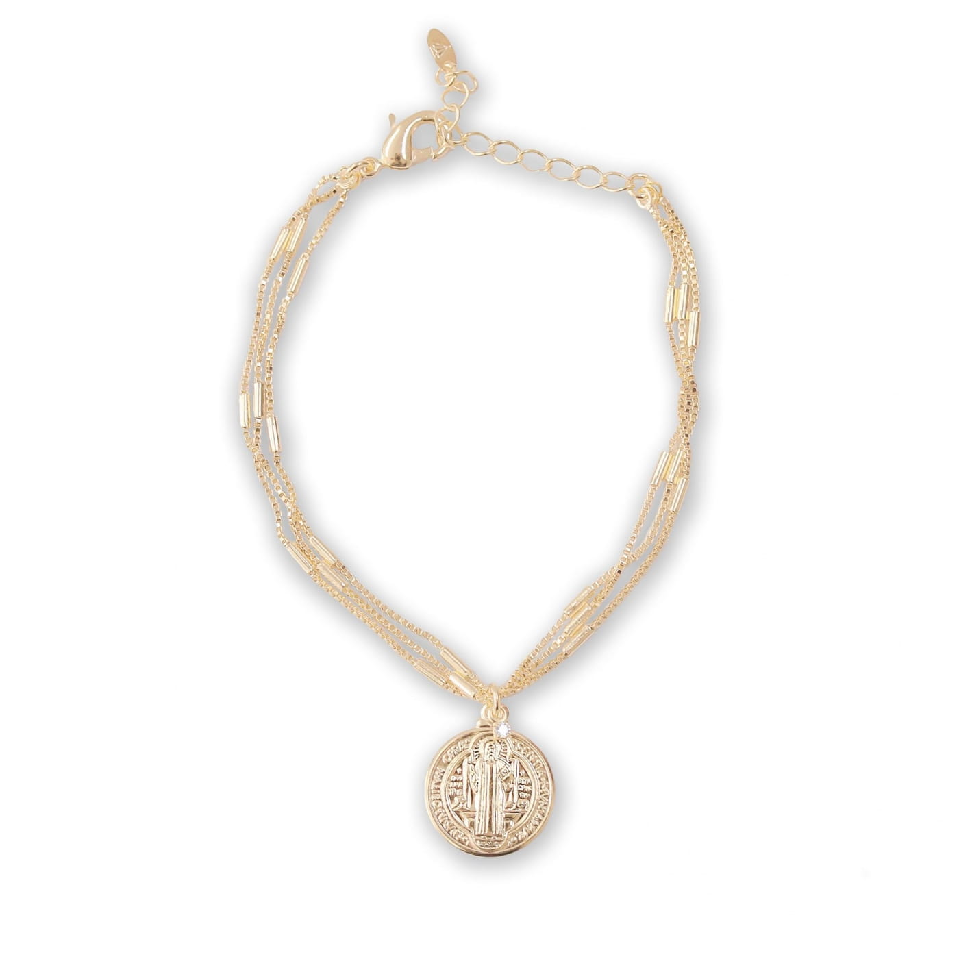 Pulseira folheada 03 fios com medalha de São Bento e 01 zircônia