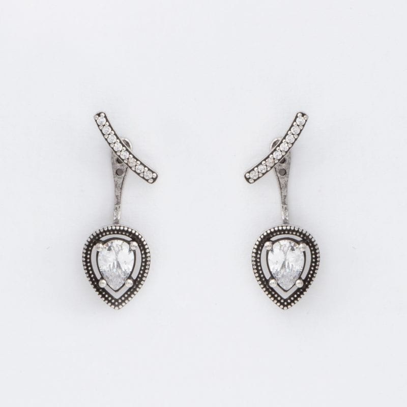 BRINCO PRATA ENVELHECIDA 2 EM 1 GOTA CRISTAL TREND