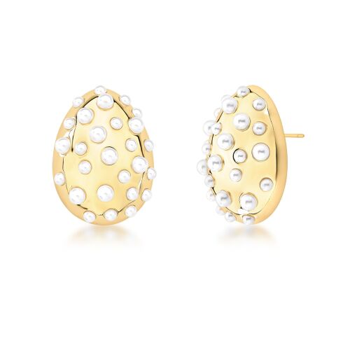 BRINCO OVAL COM PÉROLAS DISPERSAS BANHADO A OURO
