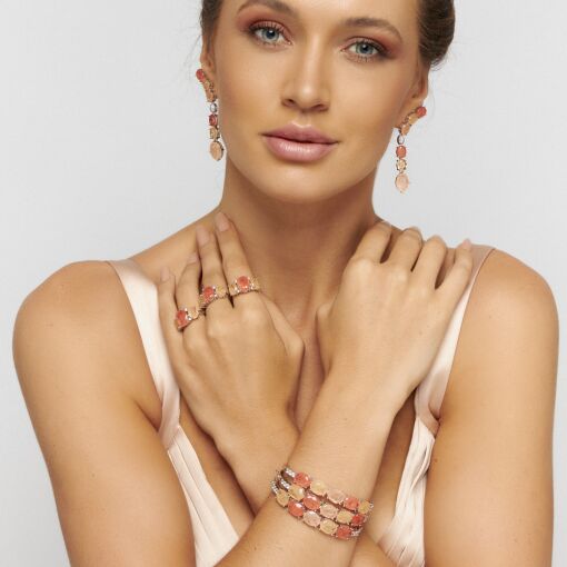 BRINCO EAR CUFF PÊNDULO COM CRISTAIS OVAIS TURMALINA TANGERINA E