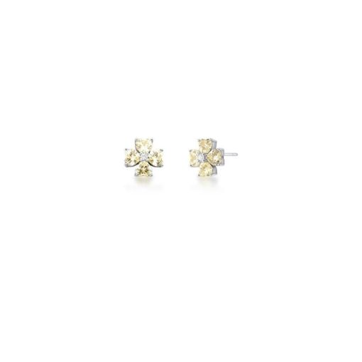 BRINCO FLOR COM CRISTAIS DE CORAÇÃO AMARELO PRATA RODINADA