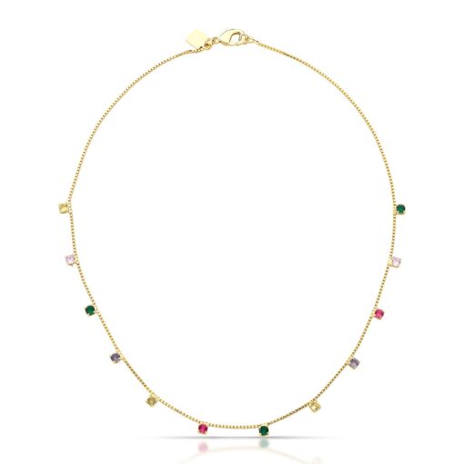 CHOKER COM ZRICÔNICAS COLORIDAS DISPERSAS BANHADA A OURO