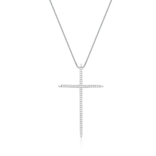 CORRENTE COM PINGENTE DE CRUZ CRAVEJADO BANHADO A RÓDIO