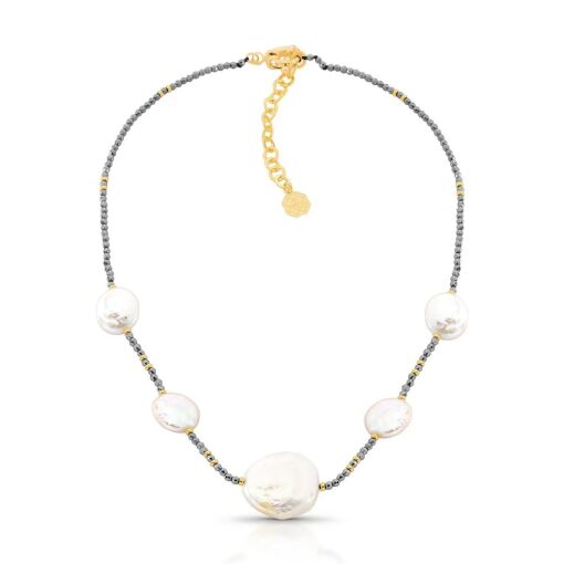 COLAR CURTO HEMATITA E PÉROLA BARROCA