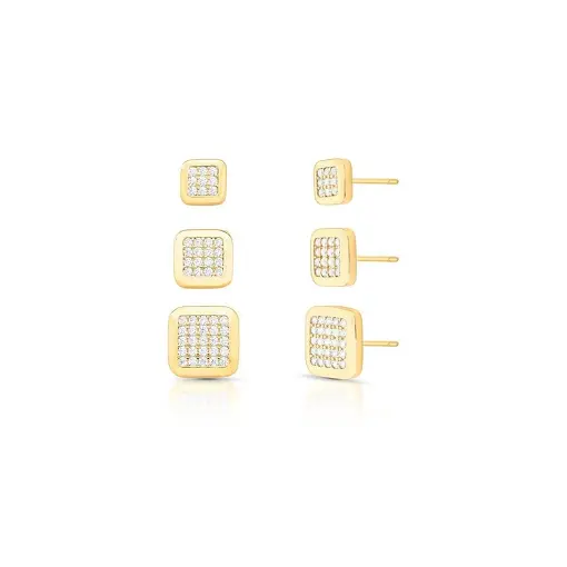 TRIO DE BRINCOS QUADRADO BANHADO A OURO COM ZIRCÔNIAS