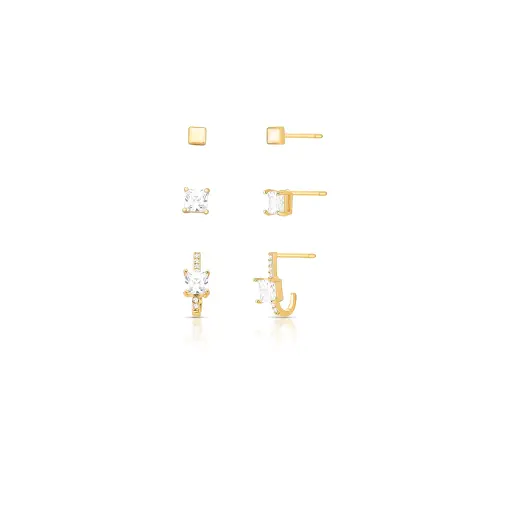 TRIO DE BRINCOS CURVOS E QUADRADOS EM CRISTA