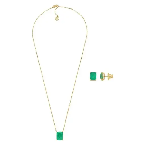 CONJUNTO DE BRINCO E COLAR COM CRISTAL RETANGULAR VERDE ESMERALD