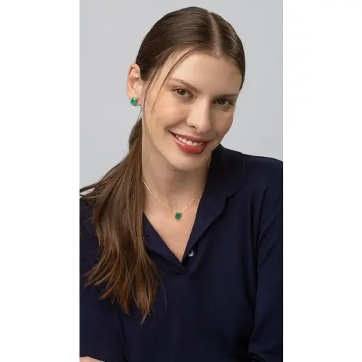 CONJUNTO DE BRINCO E COLAR COM CRISTAL RETANGULAR VERDE ESMERALD