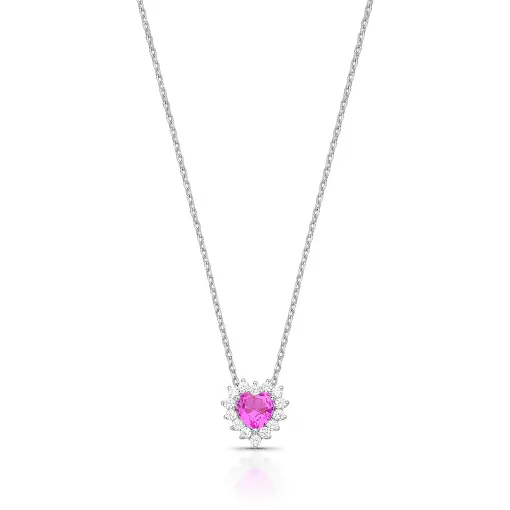 CORRENTE COM PINGENTE DE CORAÇÃO ROSA E ZIRCÔNIAS BANHADO A RÓDI