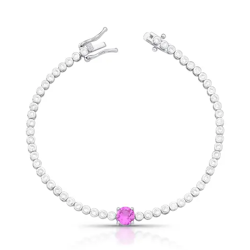 PULSEIRA RIVIERA COM CRISTAL REDONDO ROSA E ZIRCÔNIAS BANHADO A