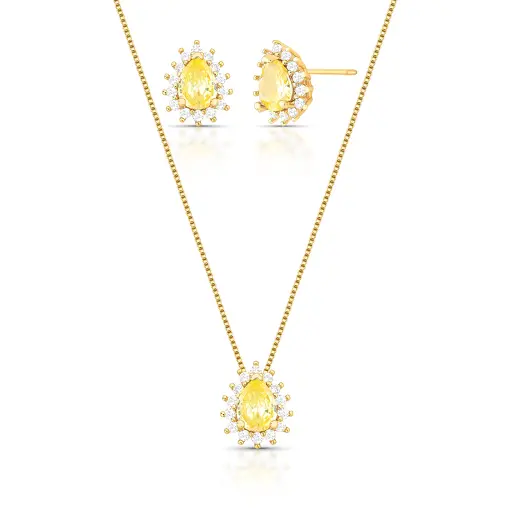 CONJUNTO DE COLAR E BRINCO EM CRISTAL YELLOW FANCY E ZIRCÔNIAS
