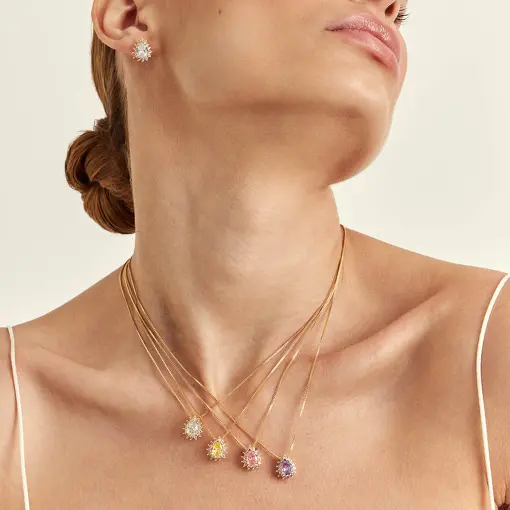 CONJUNTO DE COLAR E BRINCO EM CRISTAL YELLOW FANCY E ZIRCÔNIAS