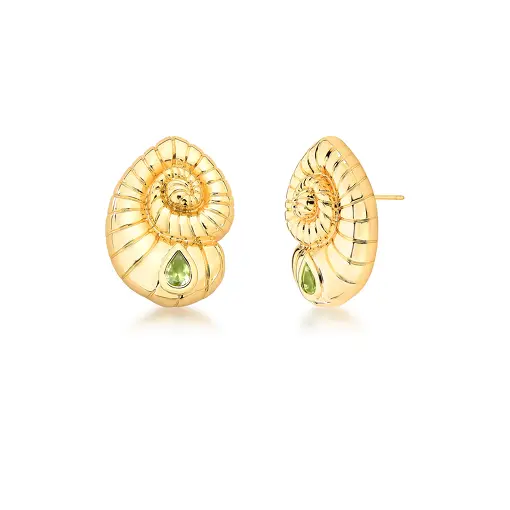 BRINCO CARACOL COM CRISTAL EM GOTA VERDE BANHADO A OURO