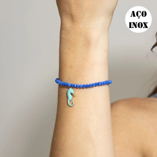 PULSEIRA CRISTAL AZUL COM PINGENTE AÇO INOX CAVALO MARIINHO