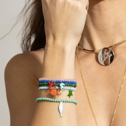 PULSEIRA CRISTAL AZUL COM PINGENTE AÇO INOX TARTARUGA RESINADO