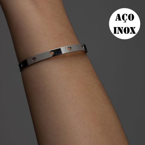 BRACELETE AÇO INOX CLÁSSICO CORAÇÕES MINIMALISTA