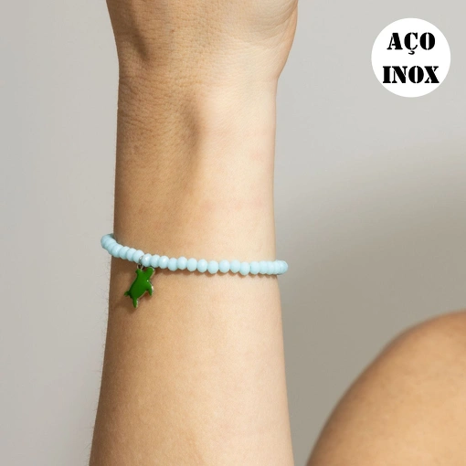 PULSEIRA CRISTAL AZUL COM PINGENTE AÇO INOX TARTARUGA RESINADO