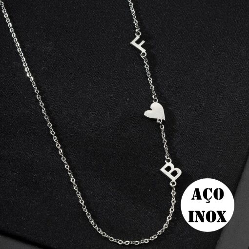 COLAR AÇO INOX PERSONALIZADO DUAS INICIAIS COM CORAÇÃO