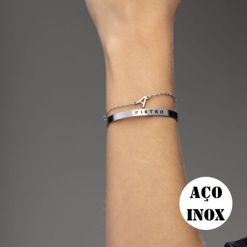 PULSEIRA AÇO INOX PERSONALIZADO COM INICIAL DELICADO MÃE E FILHA