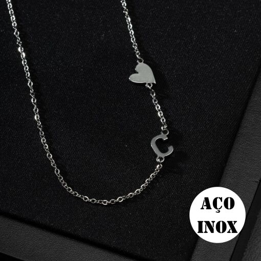 COLAR AÇO INOX PERSONALIZADO INICIAL COM CORAÇÃO