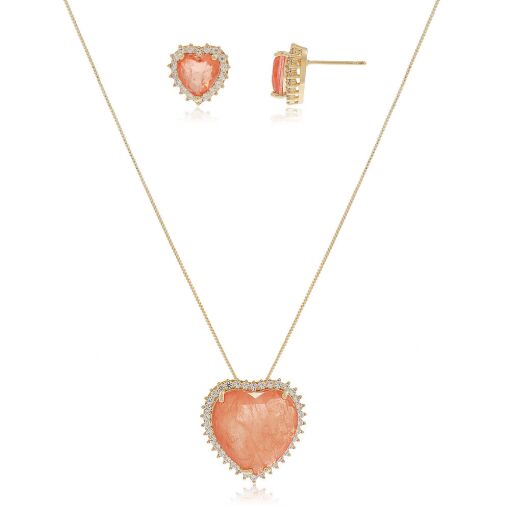 Conjunto Pedra Fusion Coração Laranja Banhado em Ouro 18K