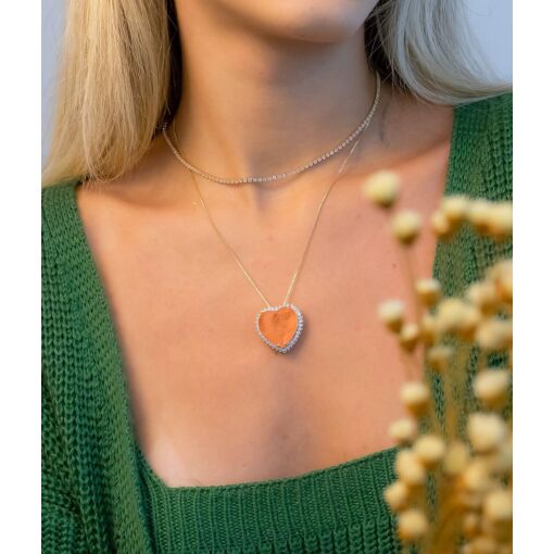 Conjunto Pedra Fusion Coração Laranja Banhado em Ouro 18K