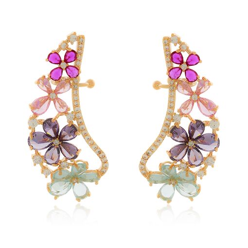 Brinco Ear Cuff Flowers Colors Banhado em Ouro 18k Pino Prata 925